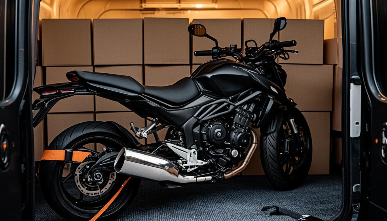 Motorcycle strapped and secured for transport