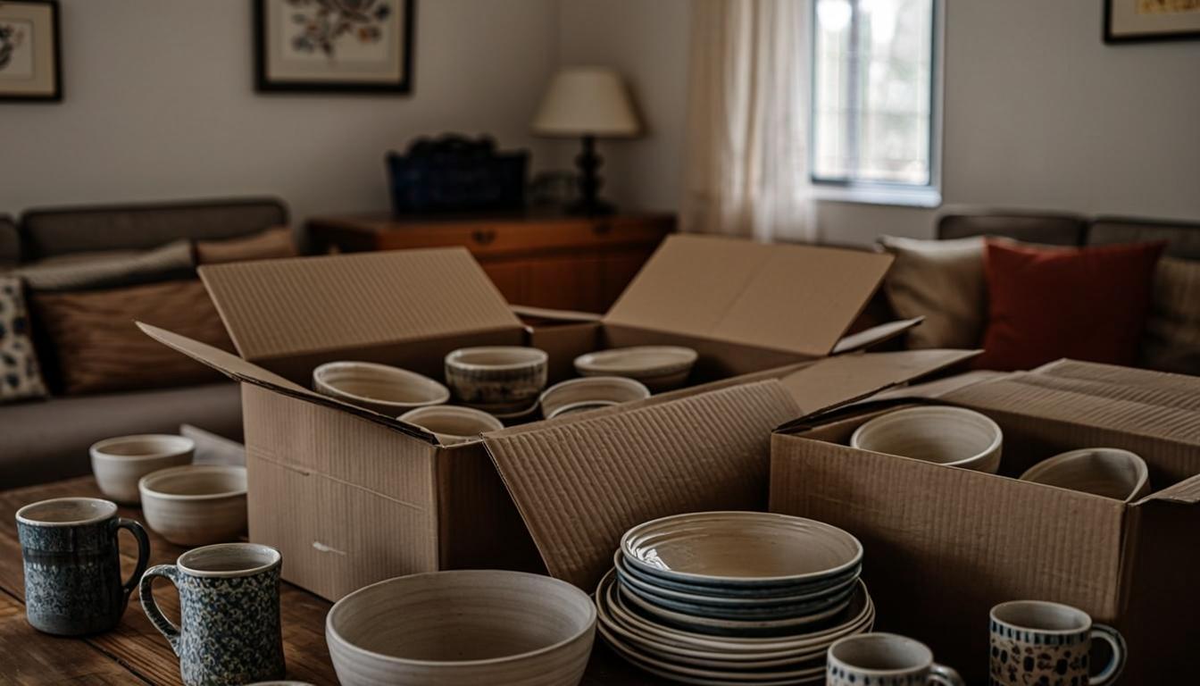 Household kitchen items packed in paper and cartons