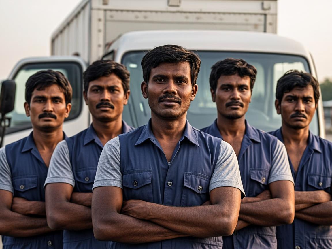 The Ranchi Gupta Packers and Movers crew in navy uniforms in front of a cargo truck